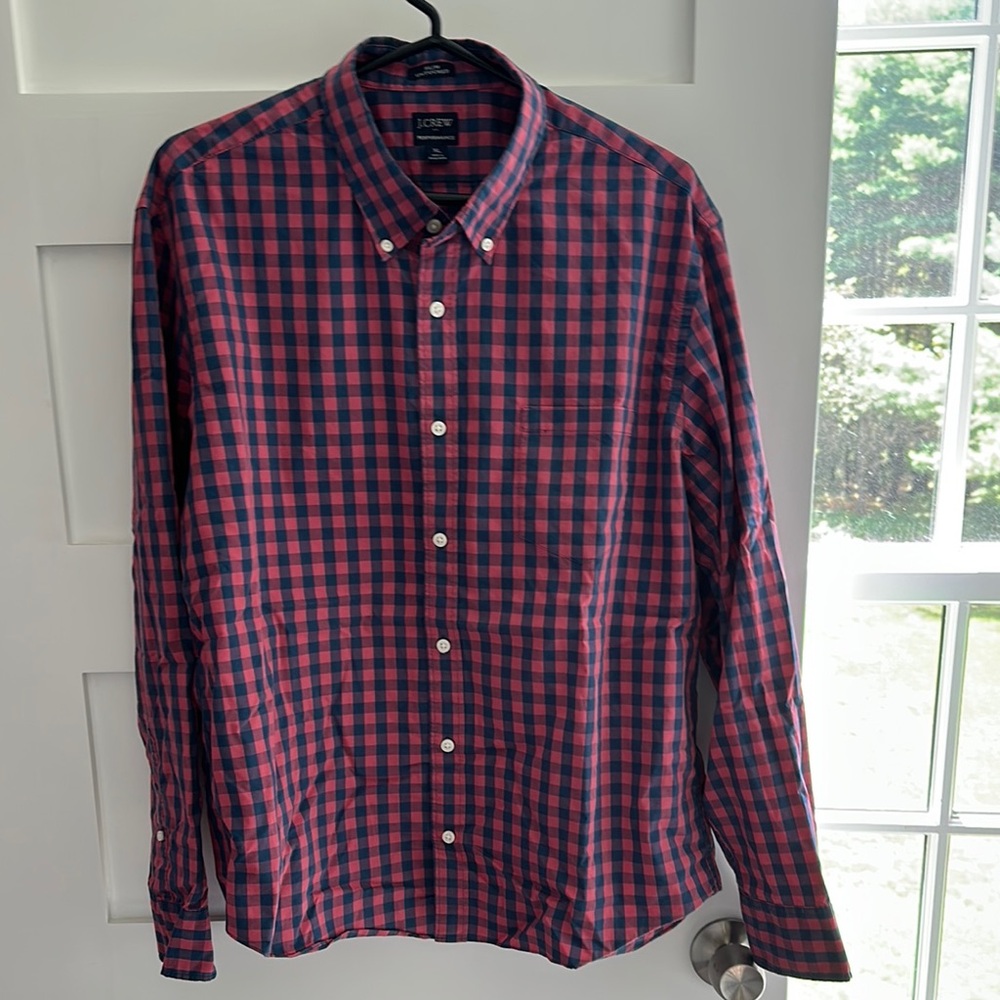 J. Crew Men's Navy and Pink Plaid Shirt